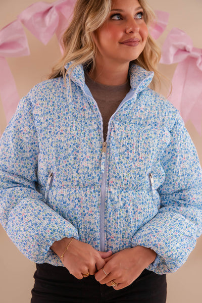 Blue Floral Puffer Jacket- Women's Preppy Floral Puffer Coat- TCEC Floral Puffer Jacket