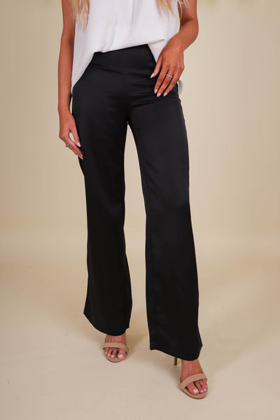 Black Satin Wide Leg Pants- Women's Satin Pants- GLAM Black Satin Pants