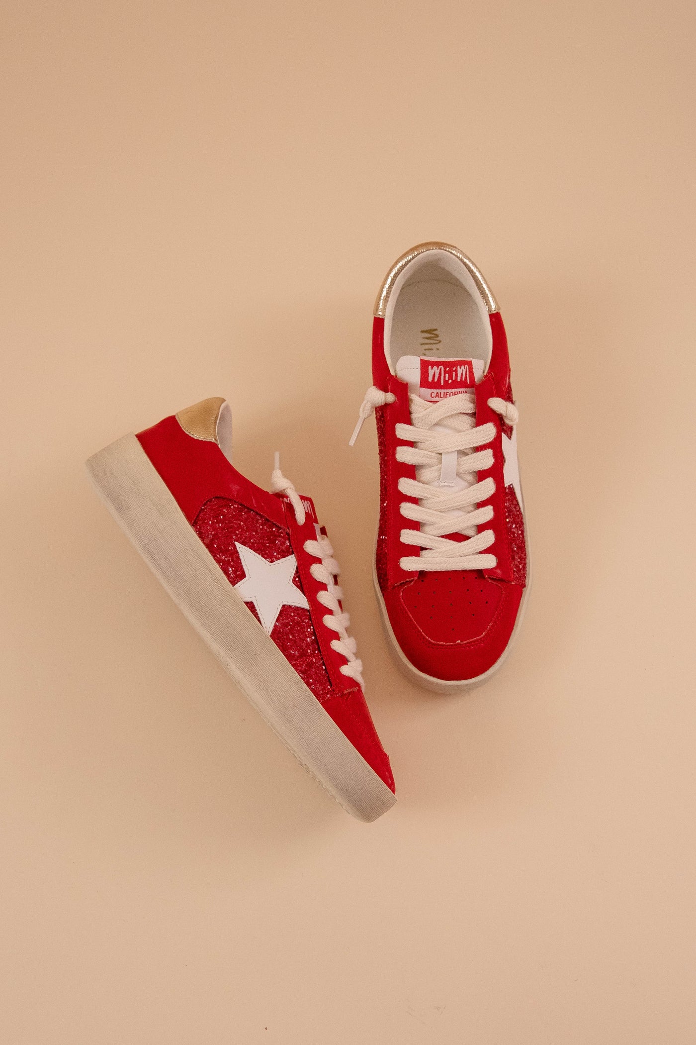 Trendy Star Sneakers- Women's Red Glitter Distressed Sneakers- MiiM Sneakers