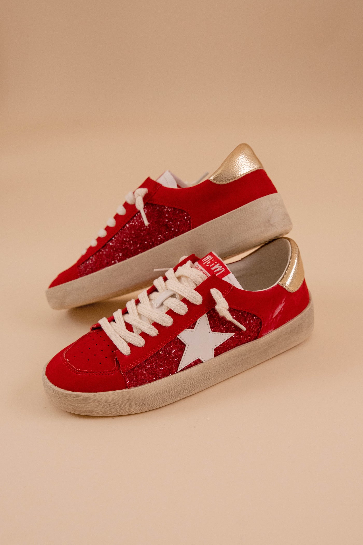 Trendy Star Sneakers- Women's Red Glitter Distressed Sneakers- MiiM Sneakers