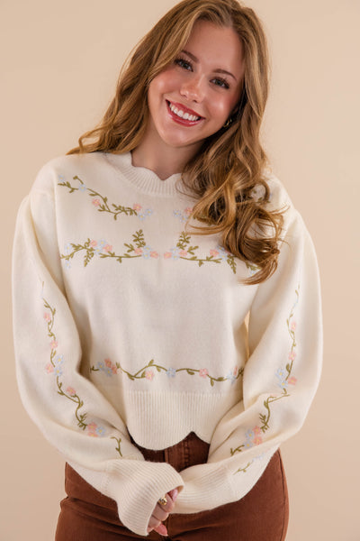 Floral Embroidered Sweater- Scalloped Floral Sweater- Mable Floral Sweater 