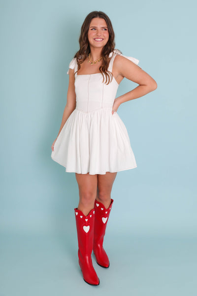 White Denim Mini Dress- Coastal Cowgirl Dresses- Women's White Mini Dress