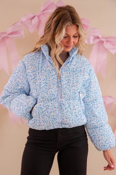 Blue Floral Puffer Jacket- Women's Preppy Floral Puffer Coat- TCEC Floral Puffer Jacket