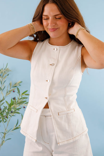 Vintage Style White Denim Vest- Women's Western Style Denim Vest