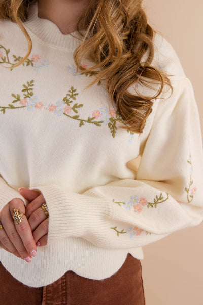 Floral Embroidered Sweater- Scalloped Floral Sweater- Mable Floral Sweater 