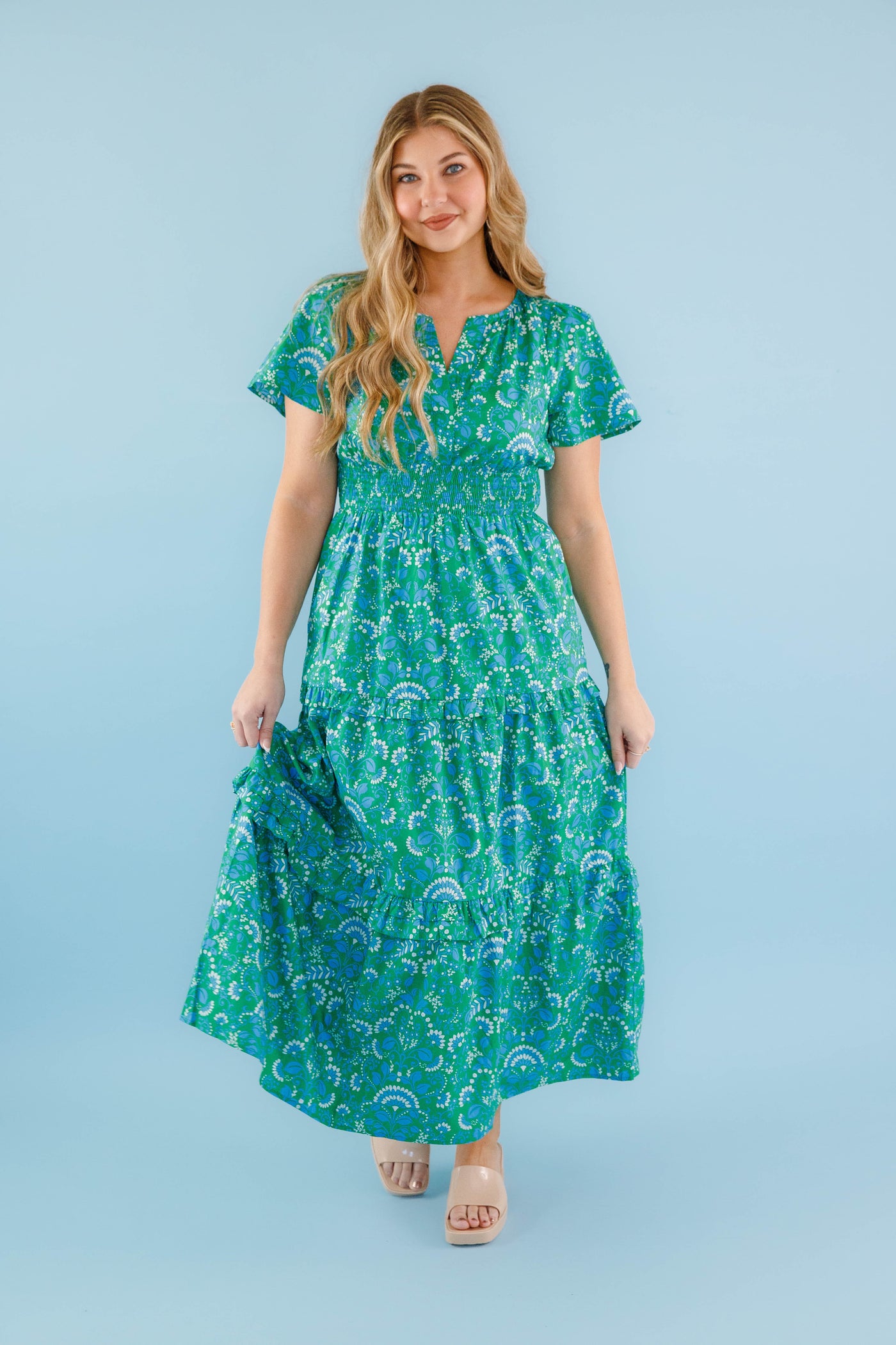 Classic Poplin Maxi Dress- Women's Green Print Maxi- SugarLips Cotton Maxi Dress