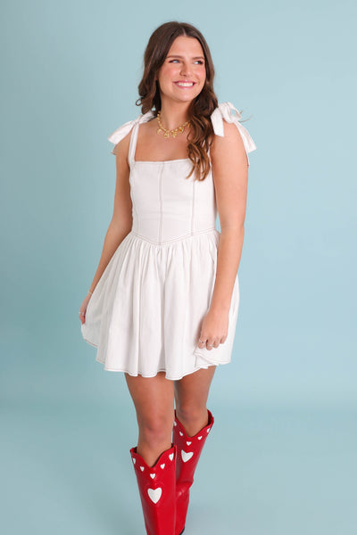 White Denim Mini Dress- Coastal Cowgirl Dresses- Women's White Mini Dress