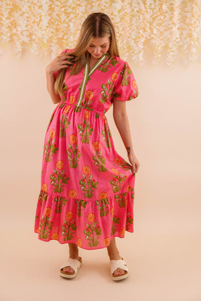 Women's Hot Pink Printed Dress- THML Midi Dress- Women's Anthro Midi Dress