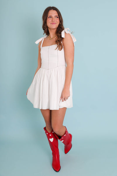 White Denim Mini Dress- Coastal Cowgirl Dresses- Women's White Mini Dress