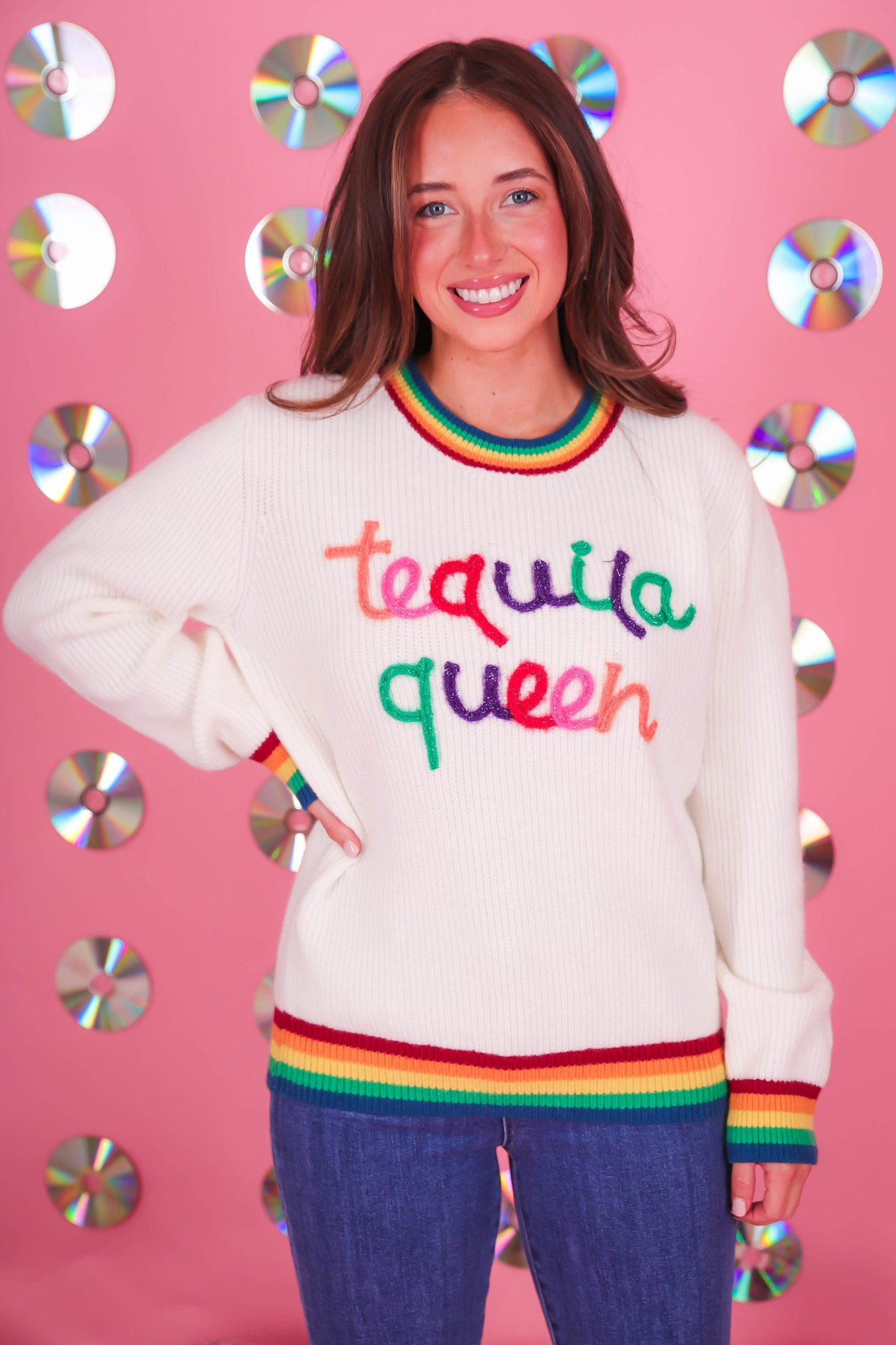 Women's Tequila Queen Sweater- Sparkle Rainbow Tequila Sweater- Main Strip Rainbow Sweater