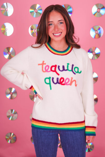 Women's Tequila Queen Sweater- Sparkle Rainbow Tequila Sweater- Main Strip Rainbow Sweater