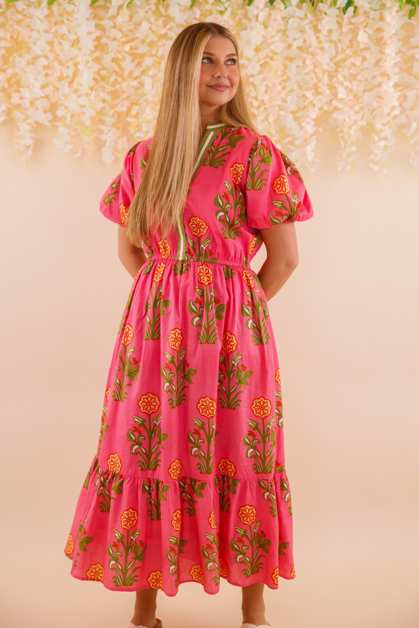 Women's Hot Pink Printed Dress- THML Midi Dress- Women's Anthro Midi Dress