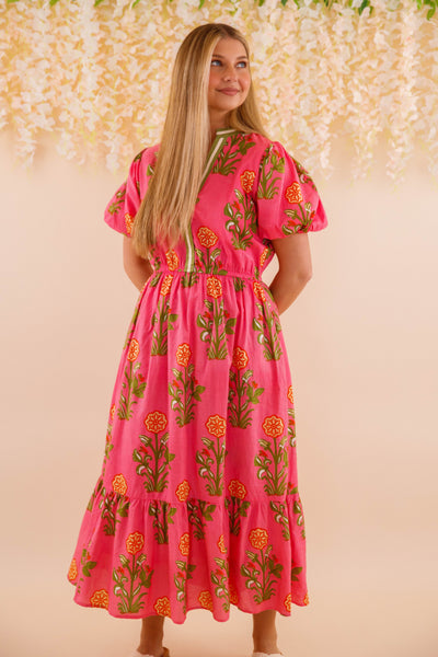 Women's Hot Pink Printed Dress- THML Midi Dress- Women's Anthro Midi Dress