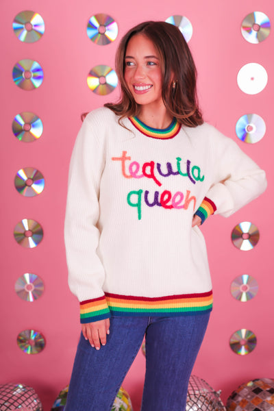 Women's Tequila Queen Sweater- Sparkle Rainbow Tequila Sweater- Main Strip Rainbow Sweater