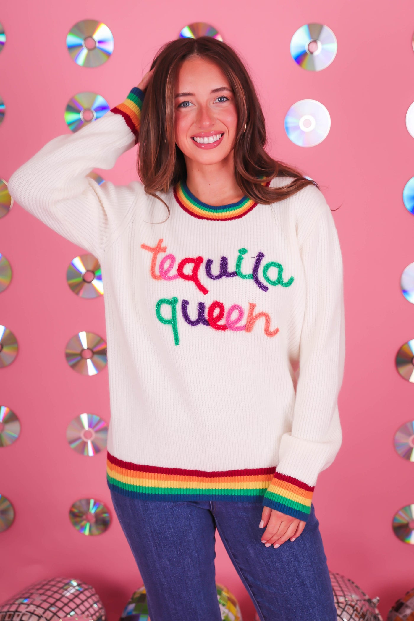 Women's Tequila Queen Sweater- Sparkle Rainbow Tequila Sweater- Main Strip Rainbow Sweater