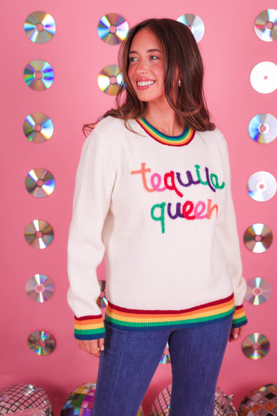 Women's Tequila Queen Sweater- Sparkle Rainbow Tequila Sweater- Main Strip Rainbow Sweater