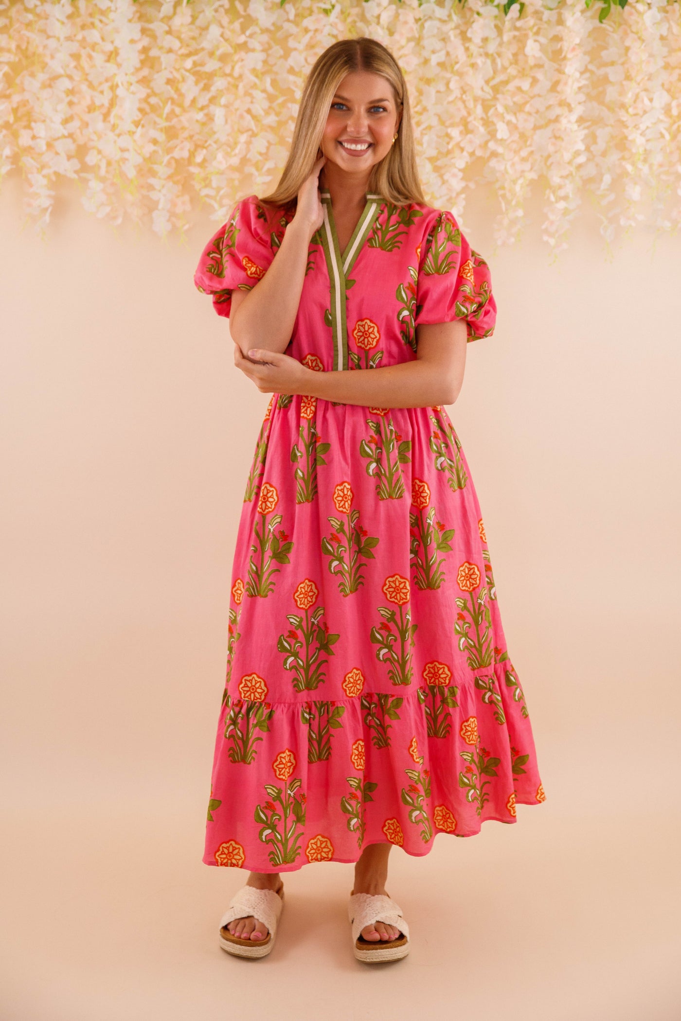 Women's Hot Pink Printed Dress- THML Midi Dress- Women's Anthro Midi Dress