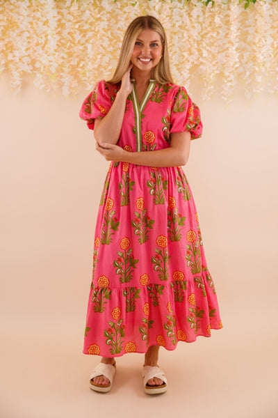 Women's Hot Pink Printed Dress- THML Midi Dress- Women's Anthro Midi Dress