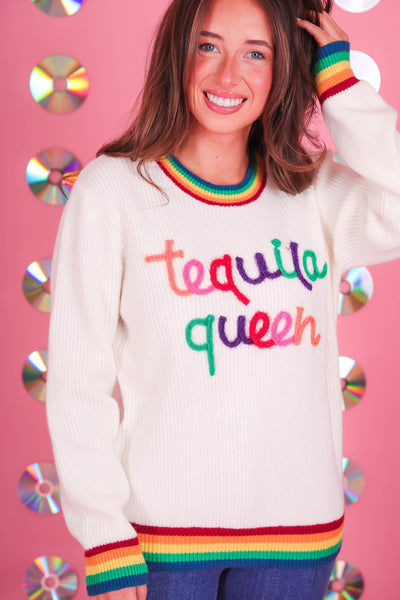 Women's Tequila Queen Sweater- Sparkle Rainbow Tequila Sweater- Main Strip Rainbow Sweater