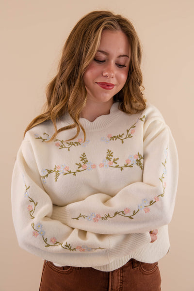 Floral Embroidered Sweater- Scalloped Floral Sweater- Mable Floral Sweater 