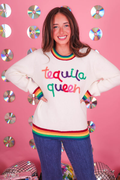 Women's Tequila Queen Sweater- Sparkle Rainbow Tequila Sweater- Main Strip Rainbow Sweater