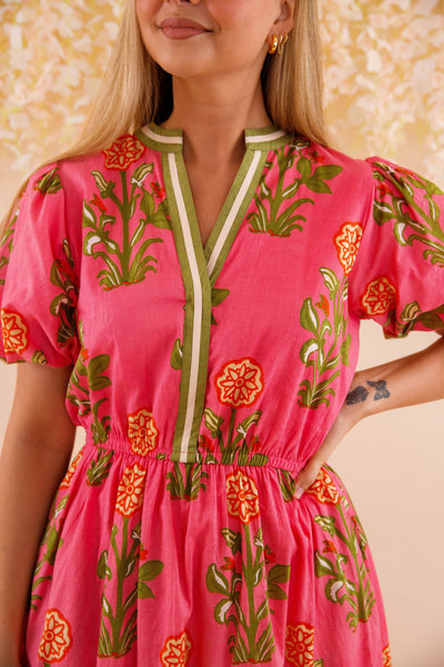 Women's Hot Pink Printed Dress- THML Midi Dress- Women's Anthro Midi Dress