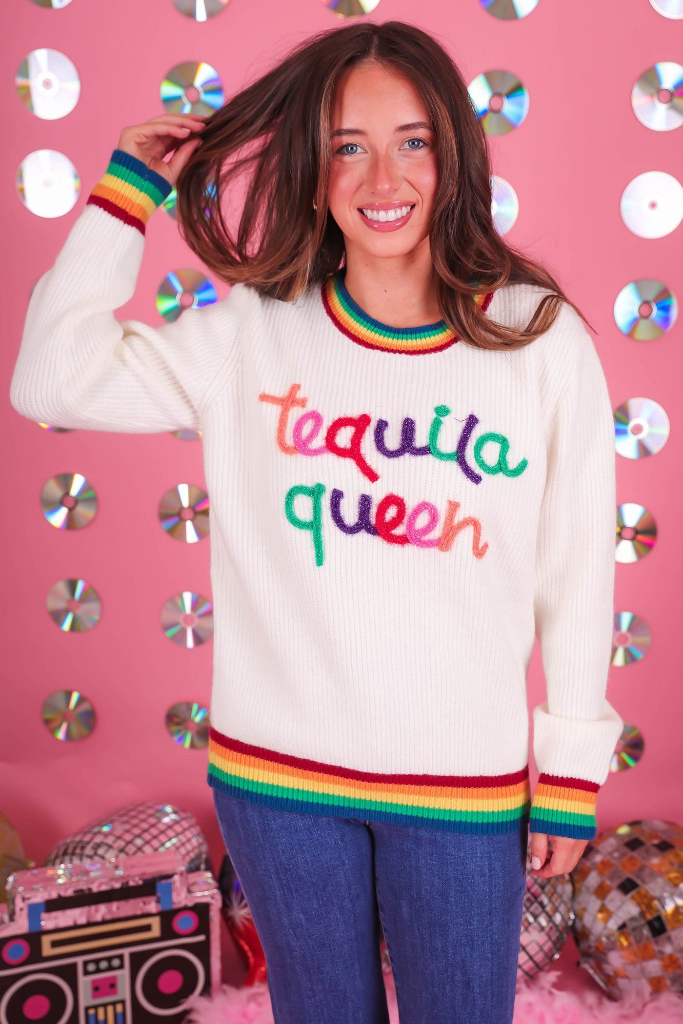 Women's Tequila Queen Sweater- Sparkle Rainbow Tequila Sweater- Main Strip Rainbow Sweater