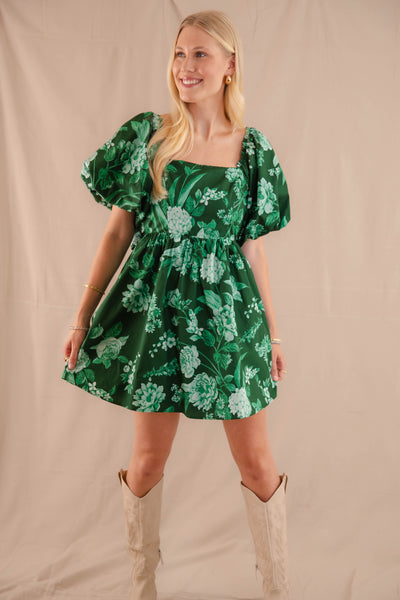 Puff Sleeve Babydoll Mini Dress- Women's Emerald Green Floral Dress- SugarLips Dress