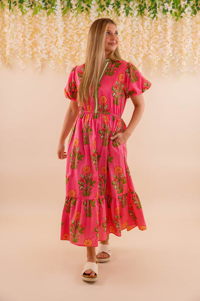 Women's Hot Pink Printed Dress- THML Midi Dress- Women's Anthro Midi Dress