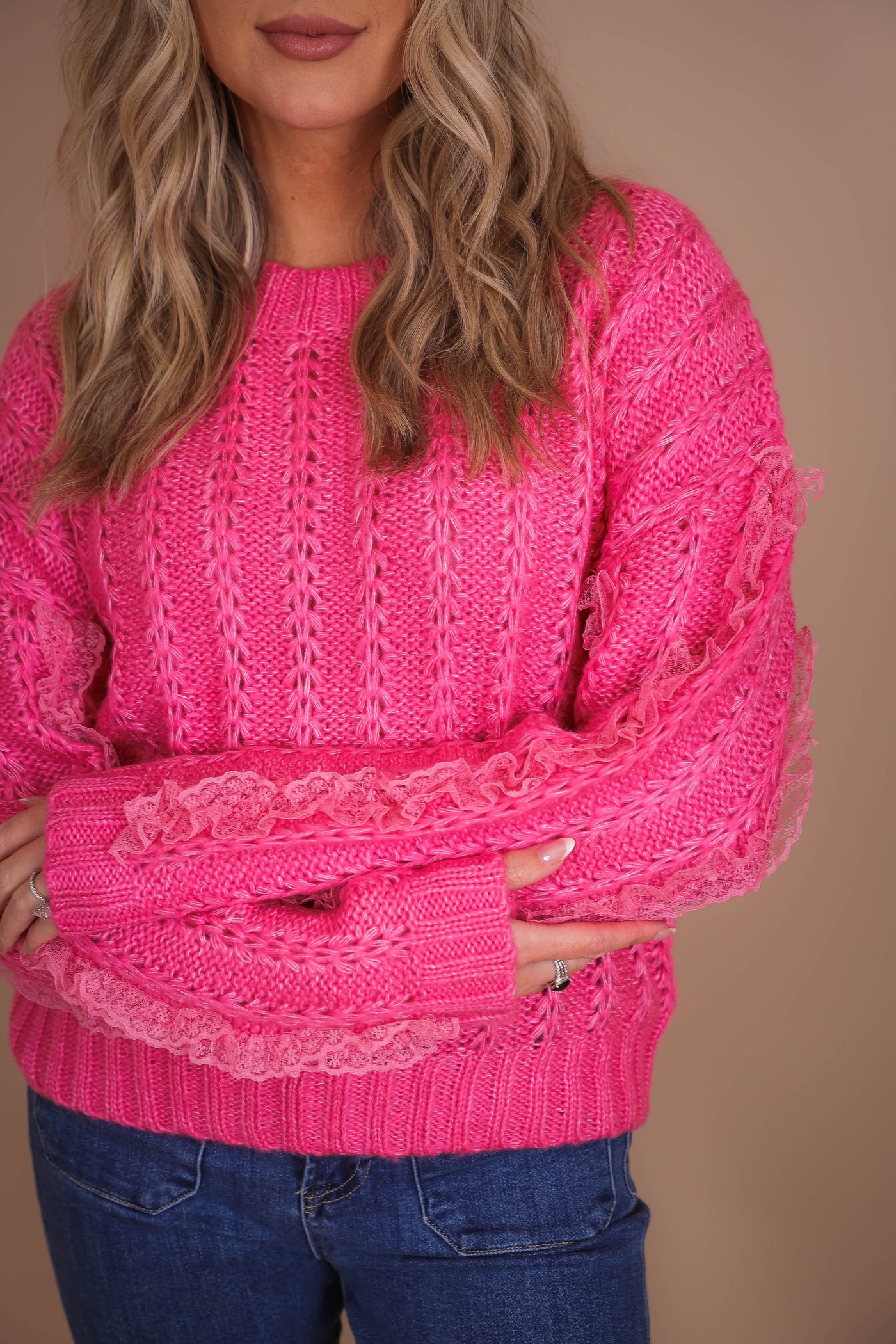 Hot Pink Knit and Lace Sweater- Love Fancy Sweater- Ballet Core Sweater