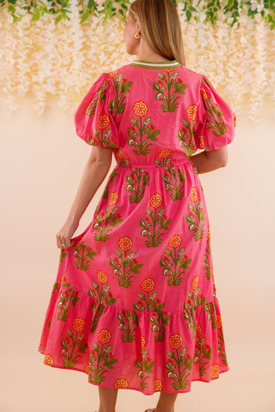 Women's Hot Pink Printed Dress- THML Midi Dress- Women's Anthro Midi Dress