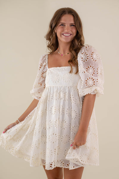 Women's Babydoll Mini Dress- Crochet Flower Dress- Storia Dresses