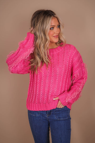 Hot Pink Knit and Lace Sweater- Love Fancy Sweater- Ballet Core Sweater