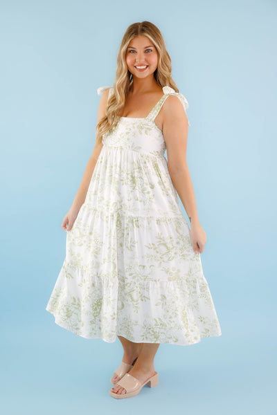 White Tiered Midi Dress with Olive Floral Design and Tie Straps