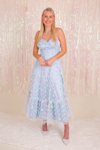 Blue 3D Butterfly Midi Dress- Women's Butterfly Dress- Mable Tulle Dress