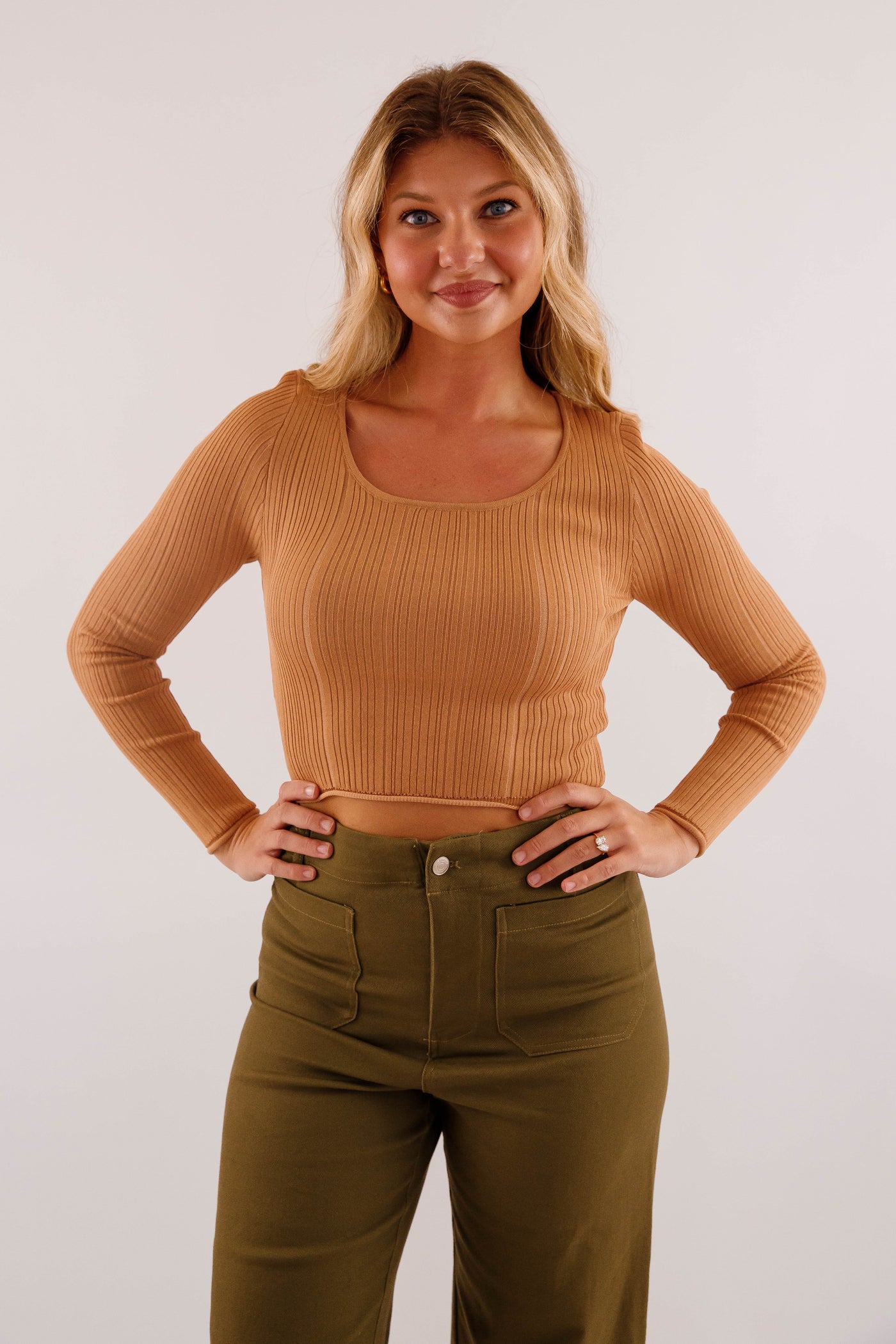 Women's Ribbed Knit Top- Brown Sweater Top- Women's Basic Fall Tops