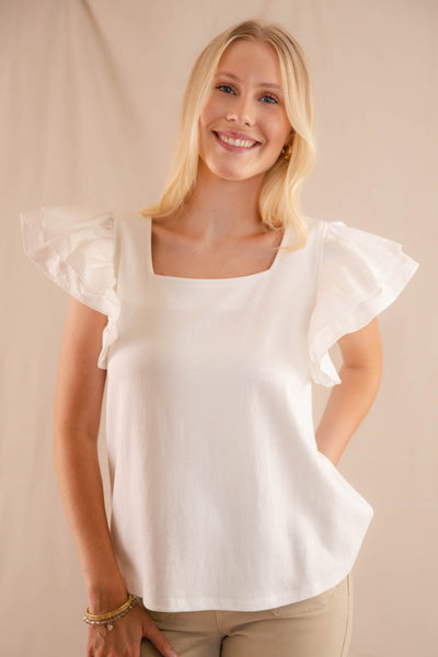 Women's White Ruffled Blouse - Women's Preppy Top - Jodifl Ruffled Top