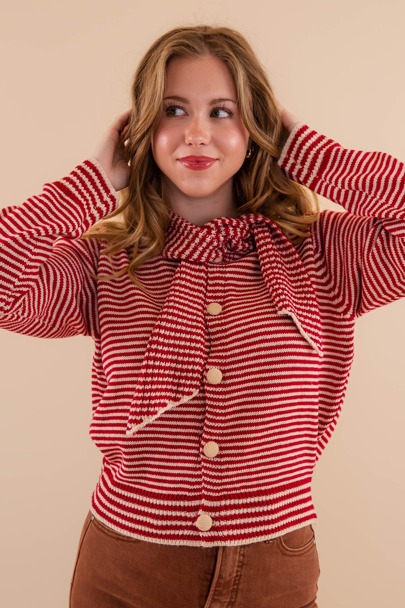 Red Striped Cardigan With Neck Tie- Red Striped Sweater With Matching Scarf- &Merci Striped Cardigan