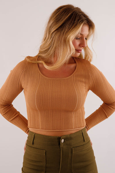 Women's Ribbed Knit Top- Brown Sweater Top- Women's Basic Fall Tops