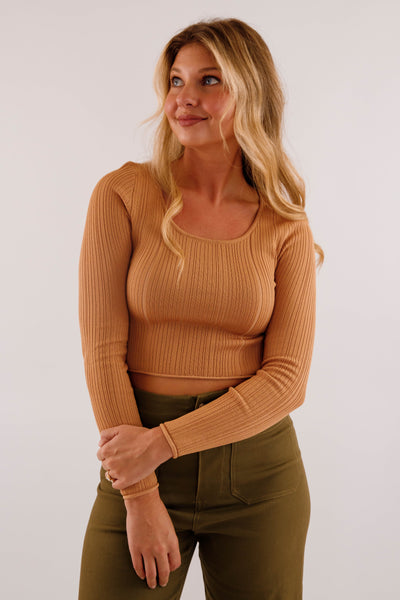 Women's Ribbed Knit Top- Brown Sweater Top- Women's Basic Fall Tops