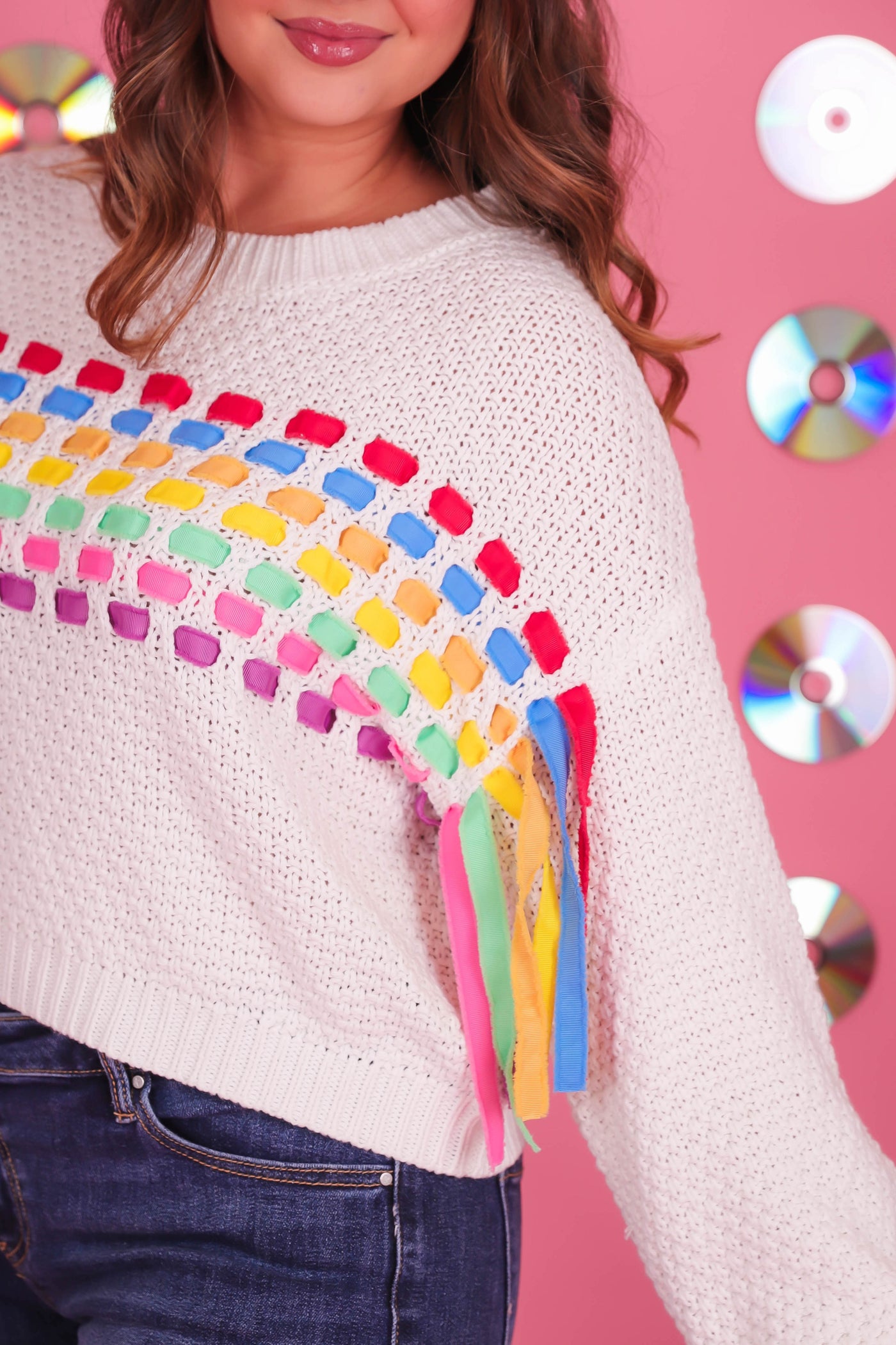 Women's Rainbow Knit Sweater- Women's Ribbon Sweater- Day + Moon Sweater