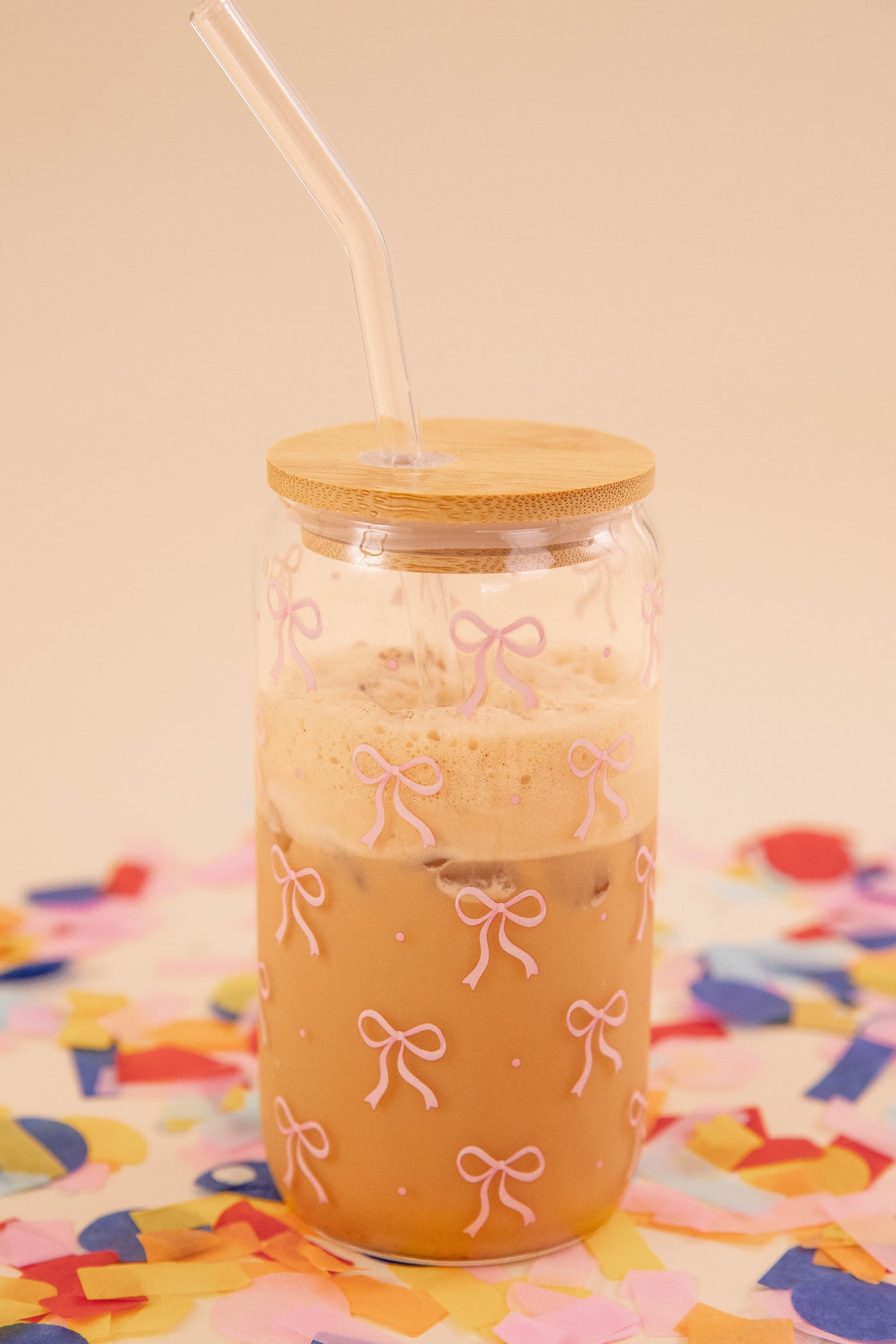 Pink Bow Latte Glass with Lid & Straw