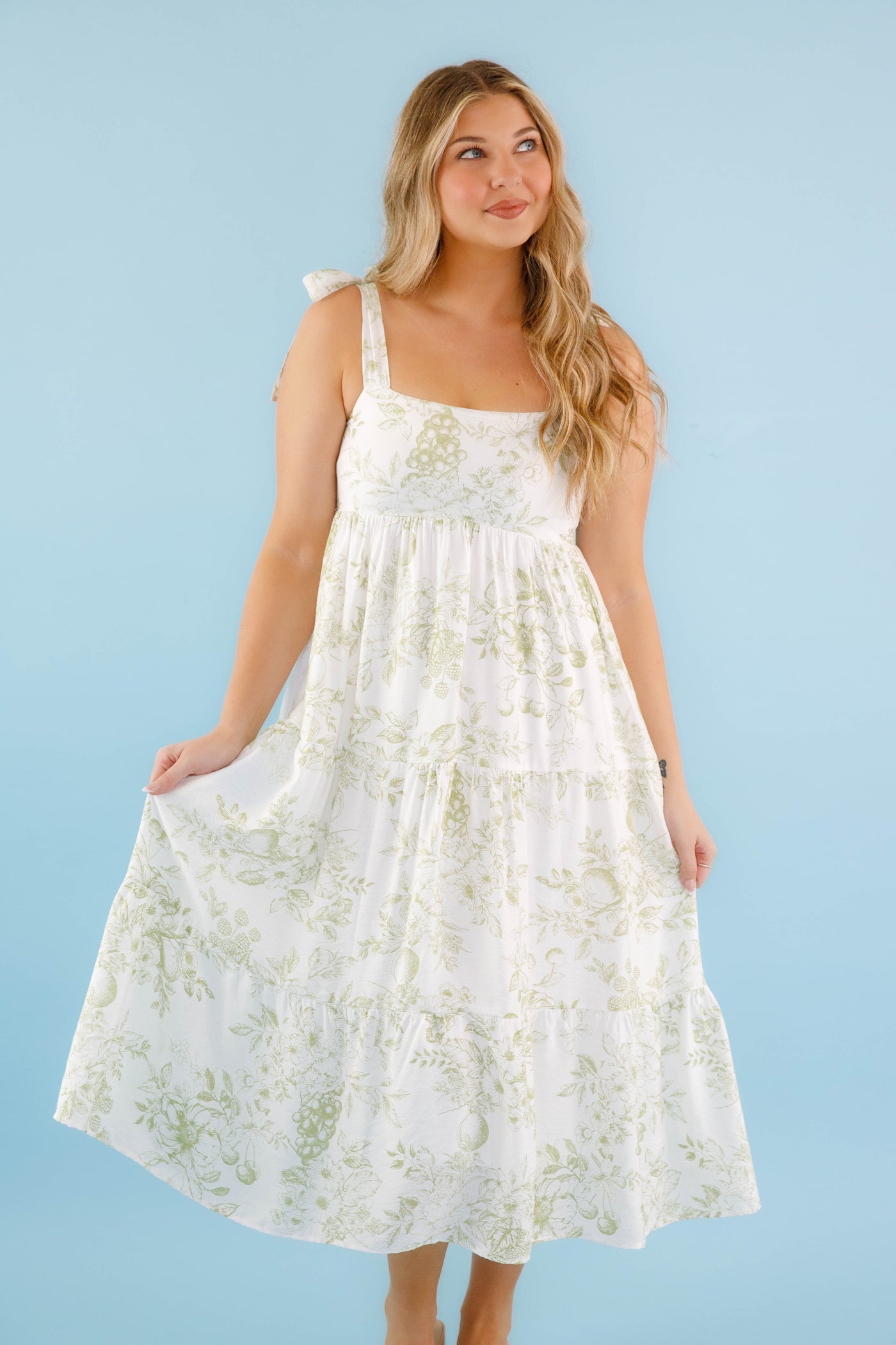 White Tiered Midi Dress with Olive Floral Design and Tie Straps