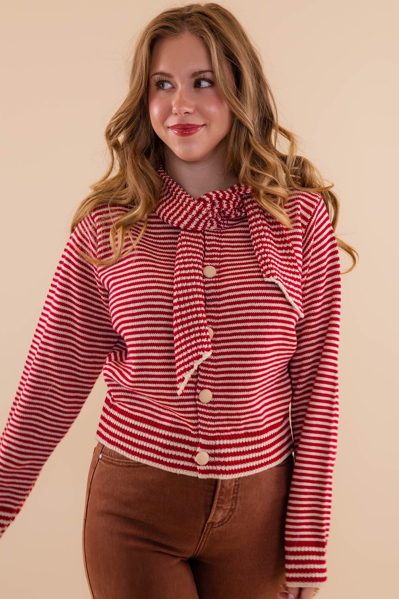 Red Striped Cardigan With Neck Tie- Red Striped Sweater With Matching Scarf- &Merci Striped Cardigan