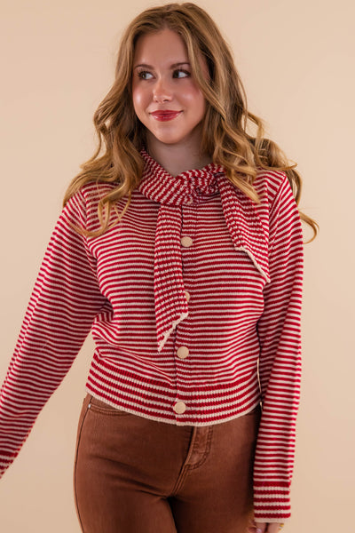 Red Striped Cardigan With Neck Tie- Red Striped Sweater With Matching Scarf- &Merci Striped Cardigan