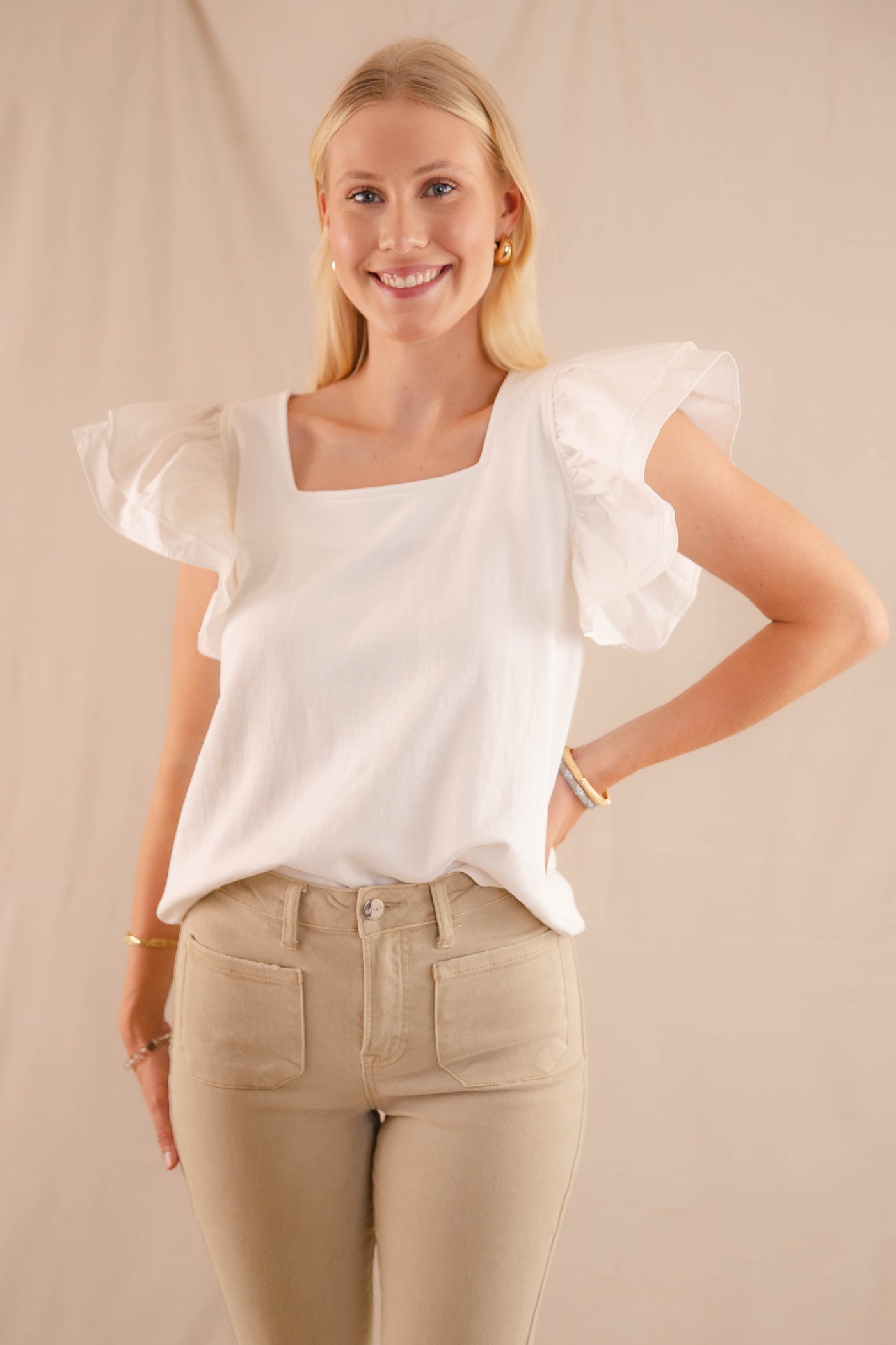 Women's White Ruffled Blouse - Women's Preppy Top - Jodifl Ruffled Top