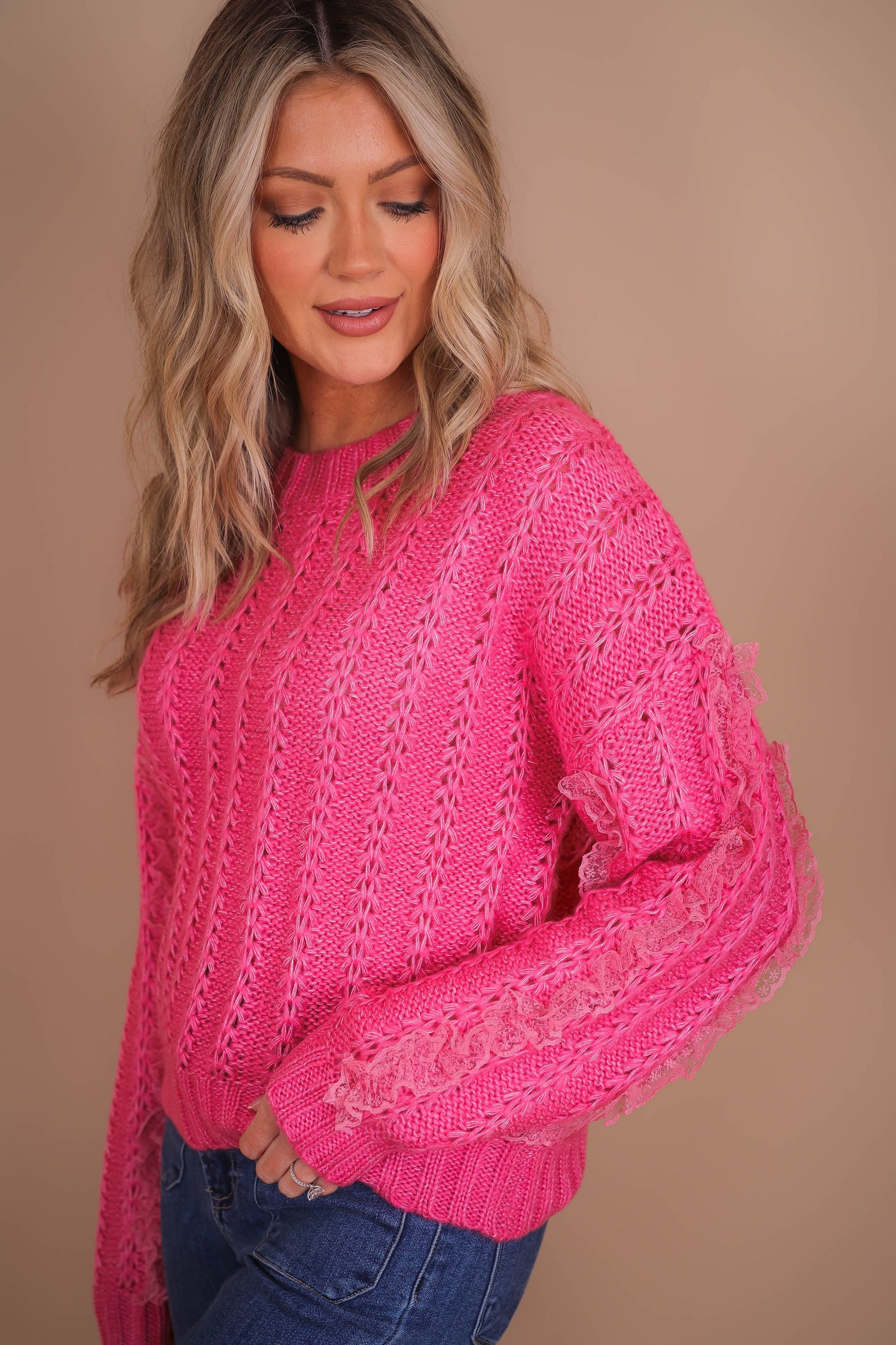 Hot Pink Knit and Lace Sweater- Love Fancy Sweater- Ballet Core Sweater