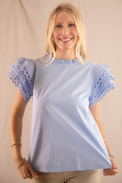 Women's Blue Cotton Blouse- Ruffle Eyelet Sleeve Blouse- Jodifl Tops