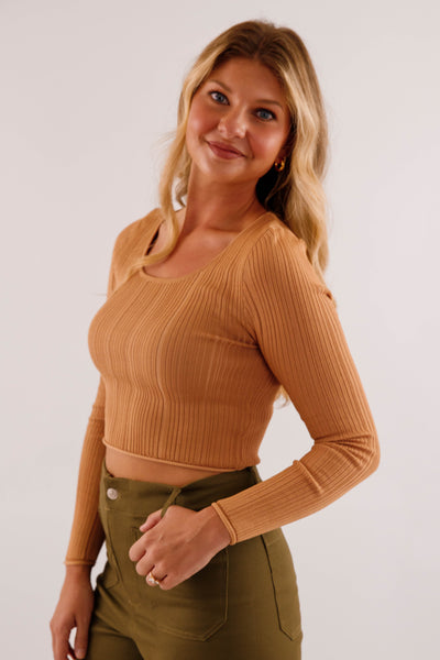 Women's Ribbed Knit Top- Brown Sweater Top- Women's Basic Fall Tops