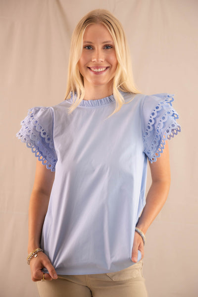 Women's Blue Cotton Blouse- Ruffle Eyelet Sleeve Blouse- Jodifl Tops